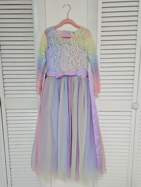 Girls Rainbow Lace Tulle Dress - Pastel Multicolor